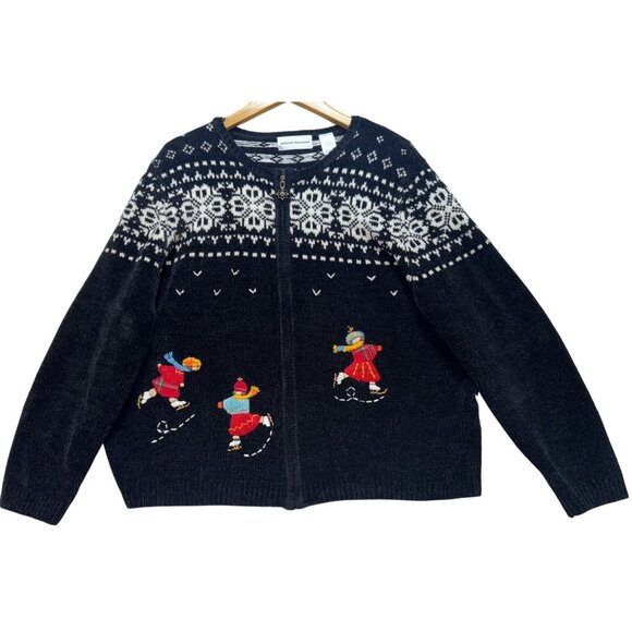 Alfred Dunner Women Zip Up Fair Isle Chenille Cardigan Sweater Sz XL Black White - Picture 1 of 10